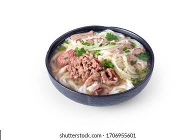 Traditional Vietnamese Soup Pho Bo With Herbs, Beef, Rice Noodles, Broth - Pho Noodle Is Popular Food Of Vietnam And Well-know In The World. Isolated On White Background.