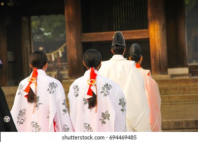 The traditional wedding in Meiji shrine Tokyo , Japan.