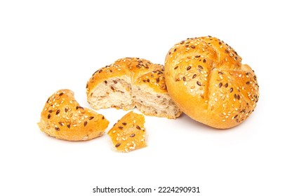 Traditional white kaiser roll  bun with linseeds and sesame seeds isolated on white background. - Powered by Shutterstock