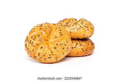 Traditional white kaiser roll with linseeds and sesame seeds isolated on white background. - Powered by Shutterstock