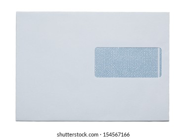 Traditional White Snail Mail Envelope With Address Window. Studio Shot, Cutout.