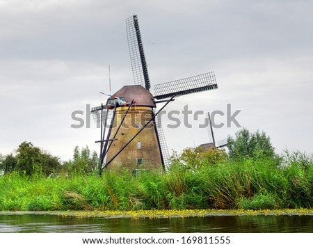 A traditional windmill in the Netherlands at the famous Kinderdijk, Rotterdam