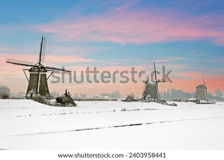 Traditional windmills in the countryside from the Netherlands in winter at sunset