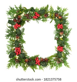 Traditional Winter Solstice, Christmas & New Year Greenery Border With Holly, Ivy, Mistletoe, Cedar Cypress & Juniper Fir On White Background. Festive Natural Composition. Top View, Copy Space.