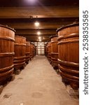 Traditional wooden barrels in a Yamagata sake brewery.