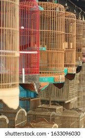 Traditional Wooden Birdcage At Animal Market In Indonesia