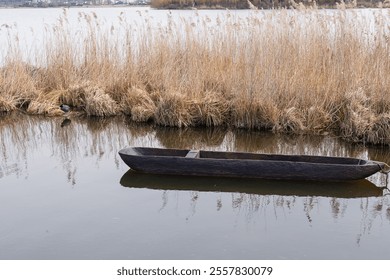 A traditional wooden dugout canoe floating on a calm lake, surrounded by tall reeds and natural scenery. - Powered by Shutterstock