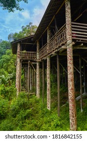 Traditional Wooden Houses In The Kuching To Sarawak Culture Village. Landscape With A Mountain On The Horizon. Borneo, Malaysia