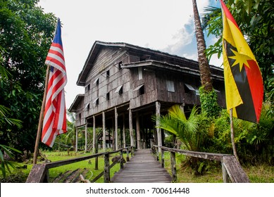 Traditional Wooden Houses Nelanau Yall In The Kuching To Sarawak Culture Village. Borneo, Malaysia