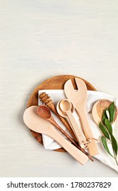 Traditional Wooden Kitchen Utensils Abd Kitchenware Mock Up. Home Cooking, Recipe Book Template. Top View, Copy Space