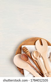 Traditional Wooden Kitchen Utensils Abd Kitchenware Mock Up. Home Cooking, Recipe Book Template. Top View, Copy Space