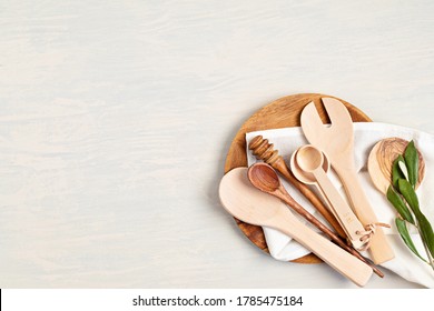 Traditional Wooden Kitchen Utensils Abd Kitchenware Mock Up. Home Cooking, Recipe Book Template. Top View, Copy Space