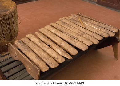 A traditional wooden Ugandan xylophone in the Ugandan Museum in Kampala, Uganda. Shot on 15 May 2017.