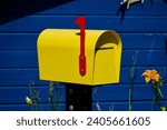 Traditional yellow mailbox. Mail, post, package delivery. International parcel shipping. Urgent letter. Standard postcard. Postal communication. Empty box. Mailman. Retro postbox. Vintage letterbox.