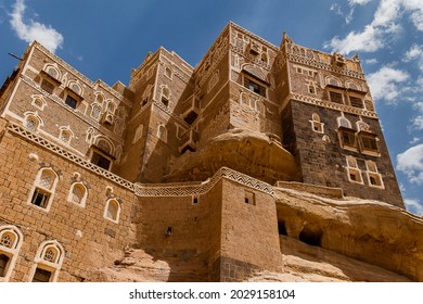  Traditional Yemeni Heritage Architecture Design Details In Historic Sanaa Town And Buildings In Yemen. Dar Al-Hajar In Wadi Dhahr, A Royal Palace On A Rock. Iconic Yemeni Building. Yemen Culture.