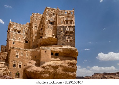  Traditional Yemeni Heritage Architecture Design Details In Historic Sanaa Town And Buildings In Yemen. Dar Al-Hajar In Wadi Dhahr, A Royal Palace On A Rock. Iconic Yemeni Building. Yemen Culture.