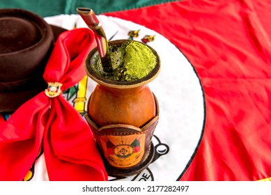 Traditional Yerba Mate Tea, Chimarrão Gaucho From Southern Brazil, Rio Grando Do Sul Flag In The Background