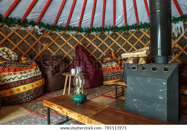 Traditional Yurt Interior Glamping Fire Place Stock Photo (Edit Now ...