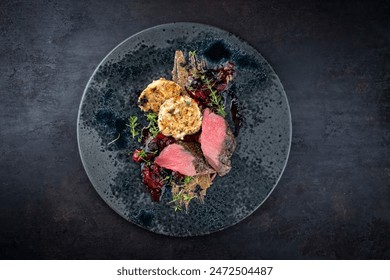 Traditionally roasted saddle of venison fillet with South Tyrolean bread dumplings, cherry jam and truffle spread served as top view on a Nordic design plate with copy space  - Powered by Shutterstock