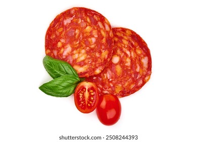 Traditonal Spanish pork chorizo sausage, close-up, isolated on white background - Powered by Shutterstock