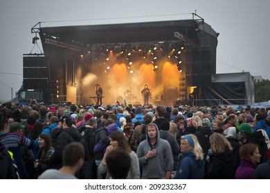 Traena, Norway - July 10 2014: During The Concert Of The Norwegian Folk Rock Band Hekla Stalstrenga At The Traenafestival, Music Festival Taking Place On The Small Island Of Traena