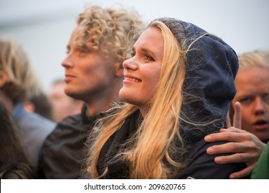 Traena, Norway - July 10 2014: during the concert of the Swedish rock band First Aid Kit at the Traenafestival, music festival taking place on the small island of Traena