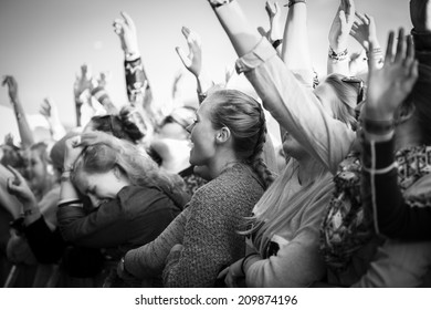 Traena, Norway - July 11 2014: during the concert of the Norwegian band Ida Maria  at the Traenafestival, music festival taking place on the small island of Traena