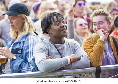 Traena, Norway - July 7 2017: Happy Audience Cheering With Emotion During Concert Of Norwegian Gay Choir Oslo Fagottkor At Traenafestival, Music Festival Taking Place On The Small Island Of Traena