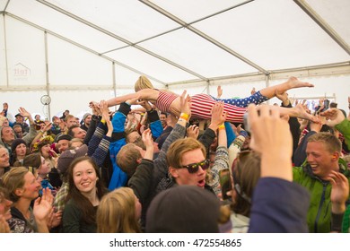 Traena, Norway - July 9 2016: Singer Of Norwegian Punk Rock Band Kuuk Crowd Surfing, At Traenafestival, Music Festival Taking Place On The Small Island Of Traena