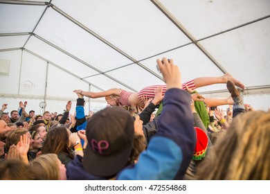 Traena, Norway - July 9 2016: Singer Of Norwegian Punk Rock Band Kuuk Crowd Surfing, At Traenafestival, Music Festival Taking Place On The Small Island Of Traena