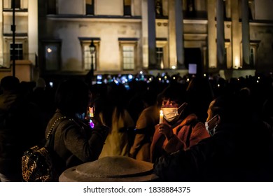 TRAFALGAR SQUARE, LONDON/ENGLAND- 18 October 2020: END SARS Nighttime Candlelit Vigil In Trafalgar Square