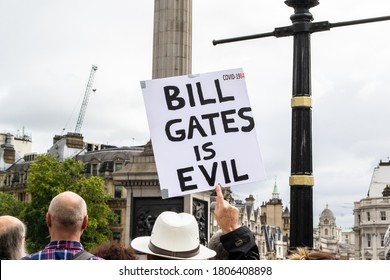 TRAFALGAR SQUARE, LONDON/ENGLAND- 29 August 2020: BILL GATES IS EVIL sign at the Unite for Freedom rally; where thousands gathered in Trafalgar Square to hear calls for lockdown rules to be removed