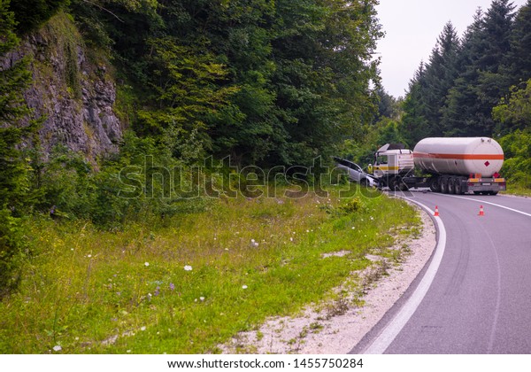 Traffic accident  Truck and Car crash accident on\
the beautiful nature\
road