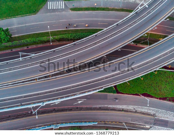 Traffic Aerial View -\
Traffic concept image, birds eye daytime view use the drone in\
Taipei, Taiwan. - Image