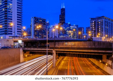 Traffic Blurs Along On The Kennedy Expressway Into Chicago, Illinois. (1179)