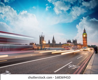 Traffic Car Lights On Westminster Bridge - London, England.