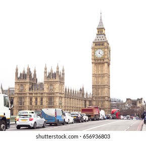 Traffic In Central London City, Long Exposure Photo Of Red Bus In Motion, Big Ben In Background