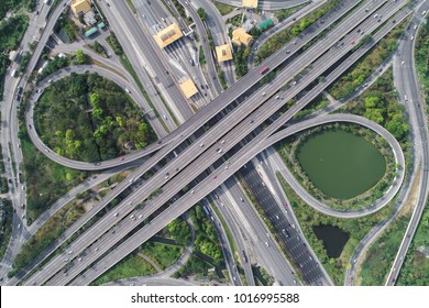 Traffic City Road With Motorway Fee Port Aerial View