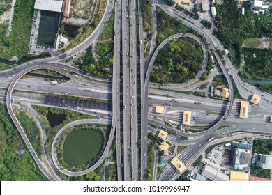 Traffic City Road With Motorway Fee Port Aerial View