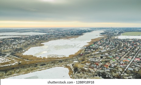 Traffic communication infrastructure on the coastline of the frozen lake. Odessa, Sukhyi Lyman, Ukraine, January 2019.