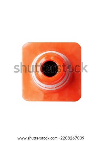 Traffic cone, orange white pole, isolated on white background, top view.