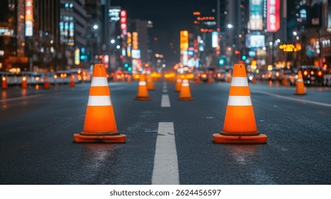 Traffic cones lined up on an empty city street at night, with bright lights and buildings in the background.
