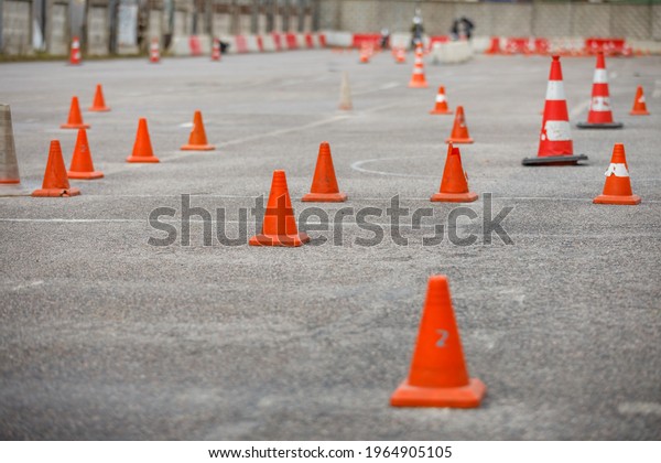 traffic cones at a\
motorcycle driving\
school.