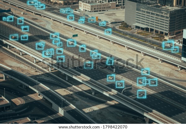 Traffic control systems. Ai or artificial\
intelligence, car analytics identify vehicles technology, big data\
of future smart city\
concept.