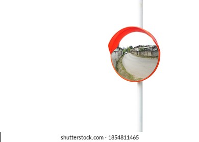 The traffic curve mirror, convex mirror on the road for safety isolated on white background with clipping path. The virtual image is upright, smaller than the object. - Powered by Shutterstock