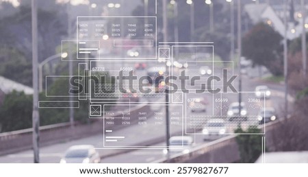 Traffic data processing image over busy highway with moving vehicles. Technology, transportation, data analysis, highways, urban, connectivity