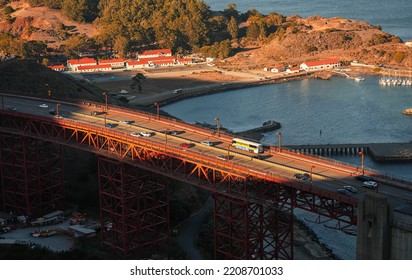 Traffic During Rush Hour On Golden Gate Landmark Bridge, View From Above From San Francisco, California, 2022.