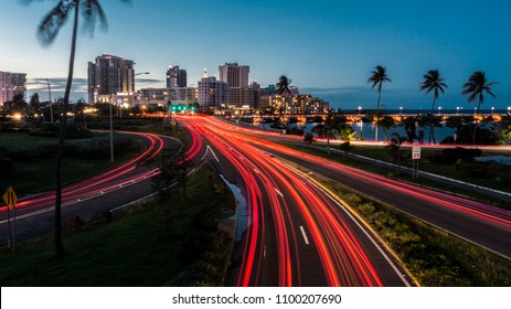 Traffic entering the capital of Puerto Rico at night.