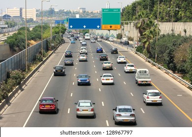 Traffic Flow On Freeway During Rush Hour In Tel Aviv, Israel.