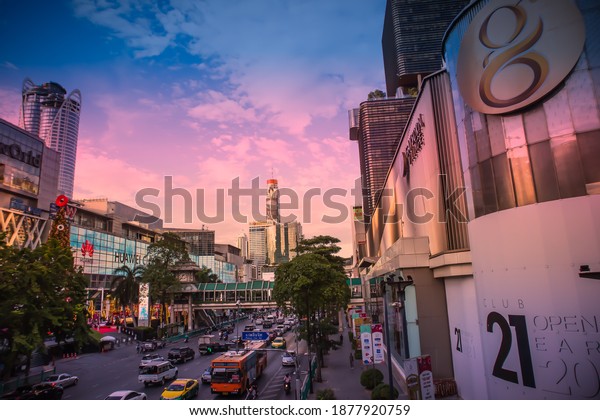 Traffic in front of\
Central World Department Store at Phloen Chit road Bangkok\
Thailand, November 27,\
2020